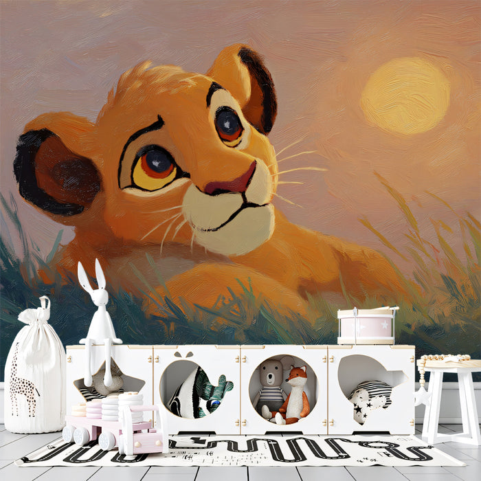 Lion Cub Sunrise Oil Painting Mural Wallpaper | Pastel Sky Hues, Expressive Eyes, Cinematic Style
