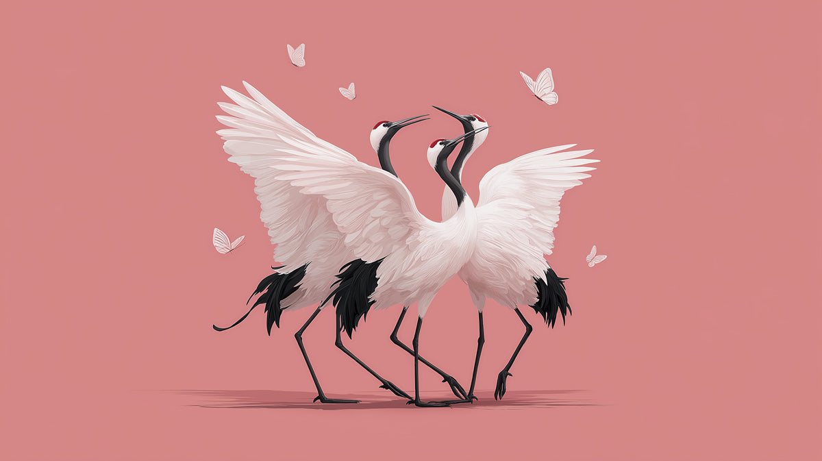 Dancing Cranes Simplicity Mural Wallpaper | Red Crowned Birds, Minimalist Pink Backdrop, Serene Avian Art