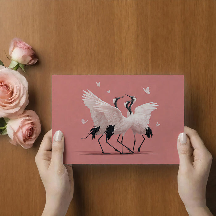 Dancing Cranes Simplicity Mural Wallpaper | Red Crowned Birds, Minimalist Pink Backdrop, Serene Avian Art