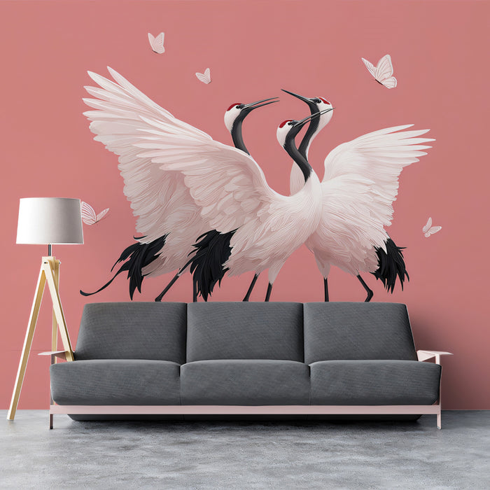 Dancing Cranes Simplicity Mural Wallpaper | Red Crowned Birds, Minimalist Pink Backdrop, Serene Avian Art