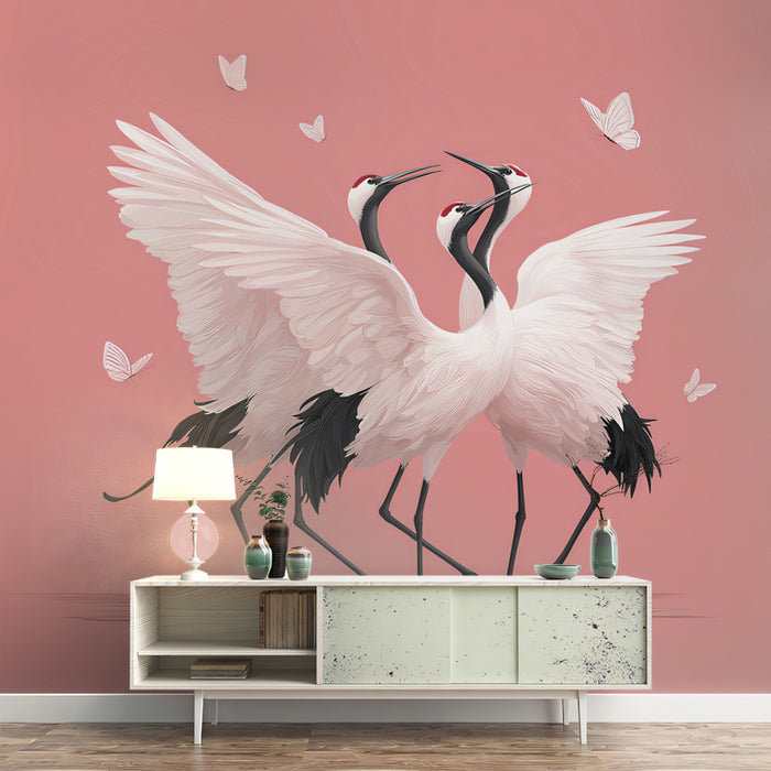 Dancing Cranes Simplicity Mural Wallpaper | Red Crowned Birds, Minimalist Pink Backdrop, Serene Avian Art