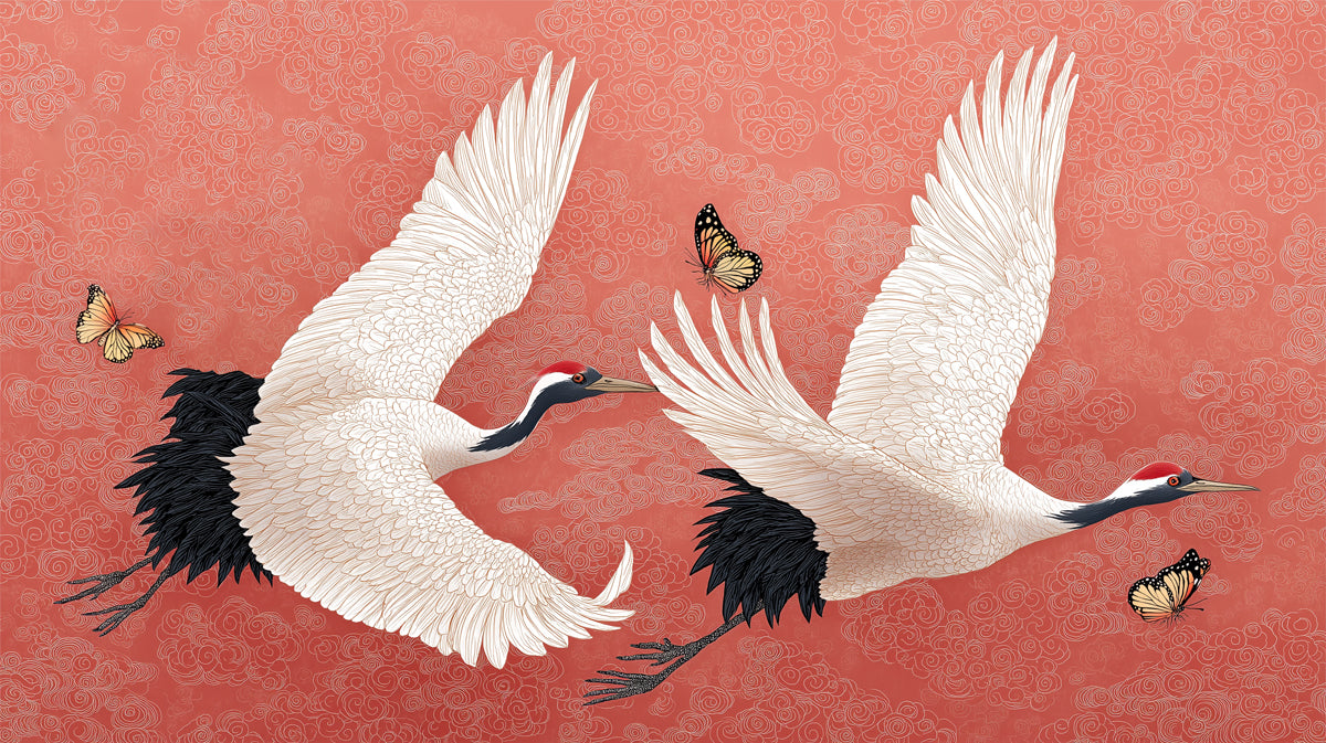 Flying Cranes Cloud Pattern Mural Wallpaper | Asian Style, Red and White Contrast, Butterfly Accent