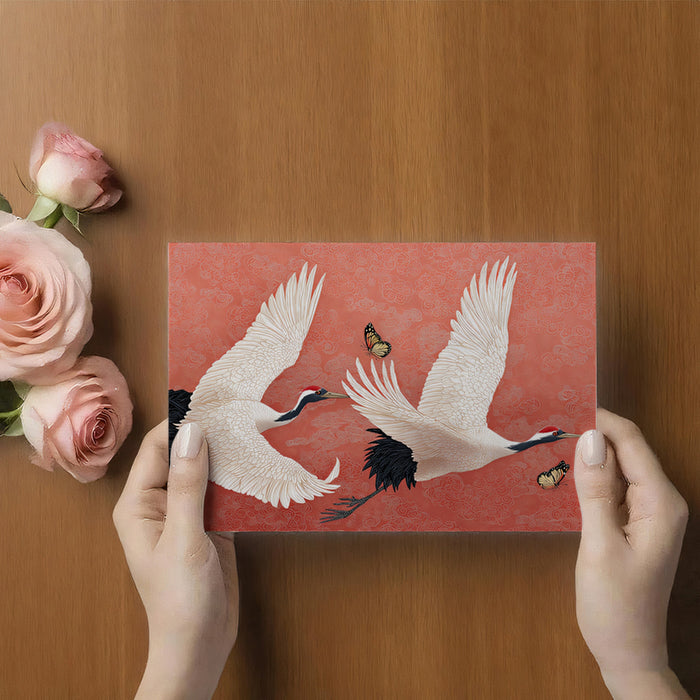 Flying Cranes Cloud Pattern Mural Wallpaper | Asian Style, Red and White Contrast, Butterfly Accent