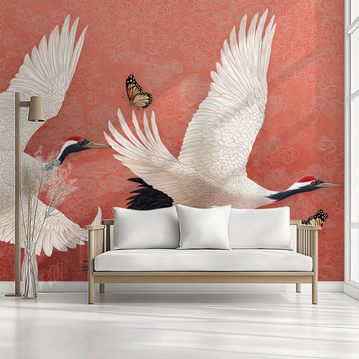 Flying Cranes Cloud Pattern Mural Wallpaper | Asian Style, Red and White Contrast, Butterfly Accent