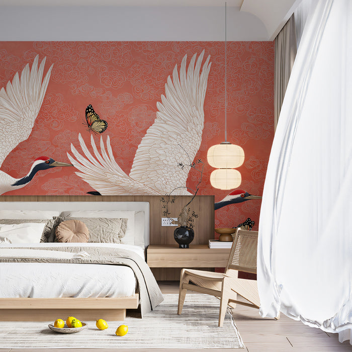 Flying Cranes Cloud Pattern Mural Wallpaper | Asian Style, Red and White Contrast, Butterfly Accent