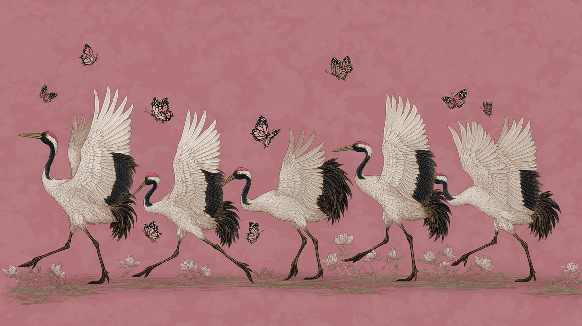 Dancing Cranes and Lotus Mural Wallpaper | Elegant March, Mauve Pink Tone, Traditional Chinoiserie Style