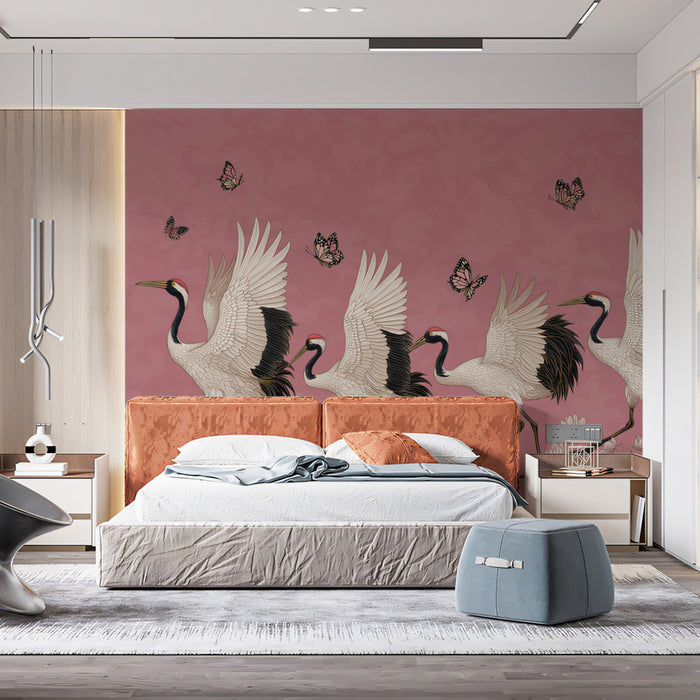 Dancing Cranes and Lotus Mural Wallpaper | Elegant March, Mauve Pink Tone, Traditional Chinoiserie Style