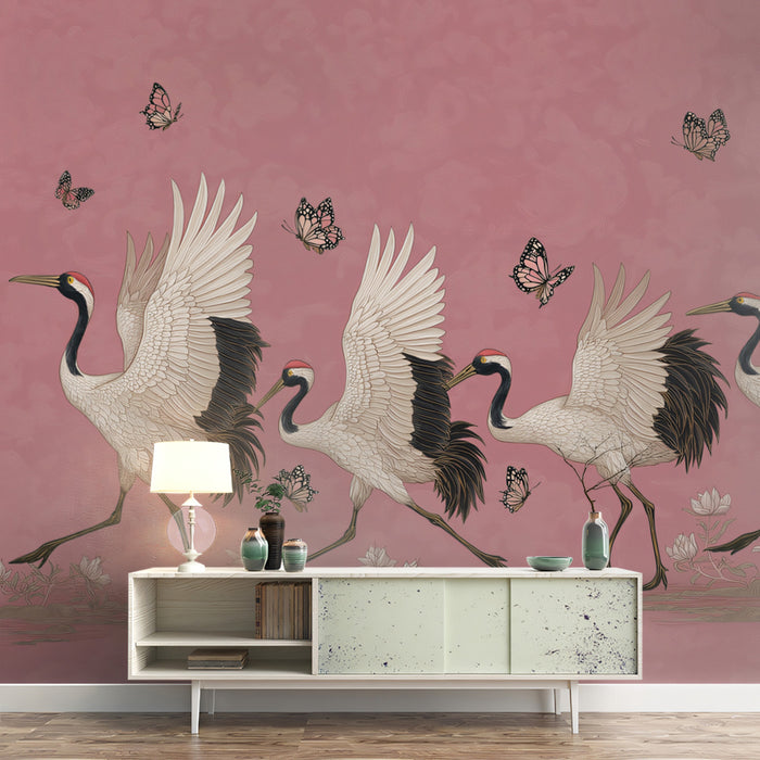 Dancing Cranes and Lotus Mural Wallpaper | Elegant March, Mauve Pink Tone, Traditional Chinoiserie Style