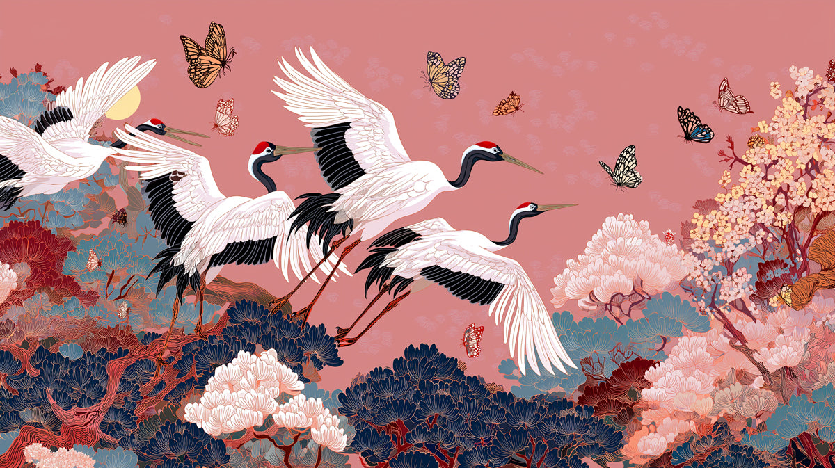 Majestic Cranes and Pine Trees Mural Wallpaper | Rich Chinoiserie, Deep Indigo Blue, Dramatic Scale