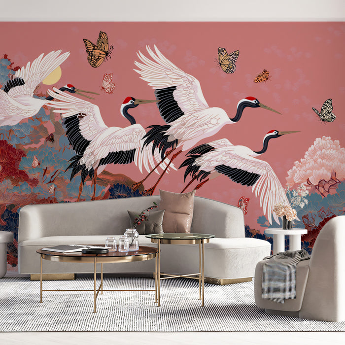 Majestic Cranes and Pine Trees Mural Wallpaper | Rich Chinoiserie, Deep Indigo Blue, Dramatic Scale