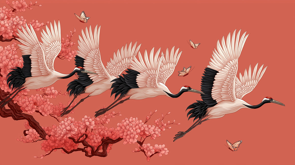 Flying Cranes and Cherry Blossoms Mural Wallpaper | Coral Red Background, High Contrast, Symbol of Fortune