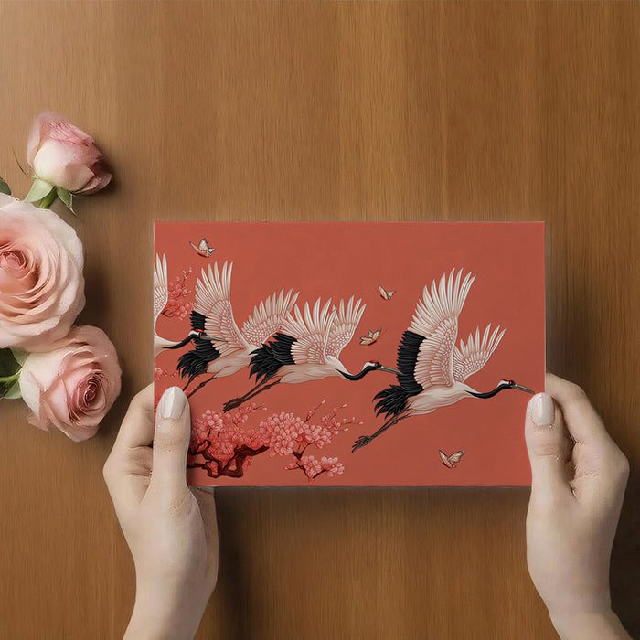 Flying Cranes and Cherry Blossoms Mural Wallpaper | Coral Red Background, High Contrast, Symbol of Fortune