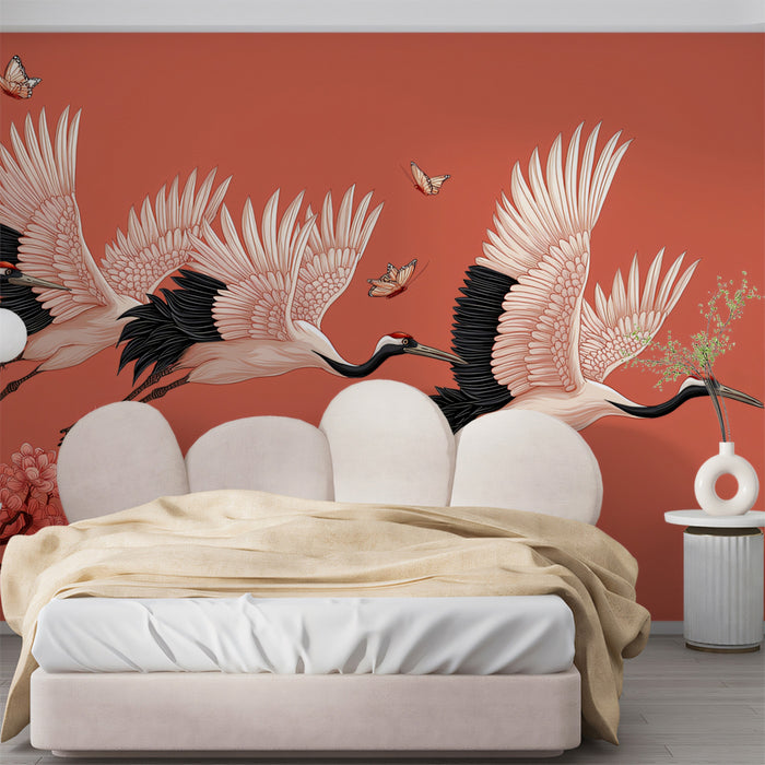 Flying Cranes and Cherry Blossoms Mural Wallpaper | Coral Red Background, High Contrast, Symbol of Fortune