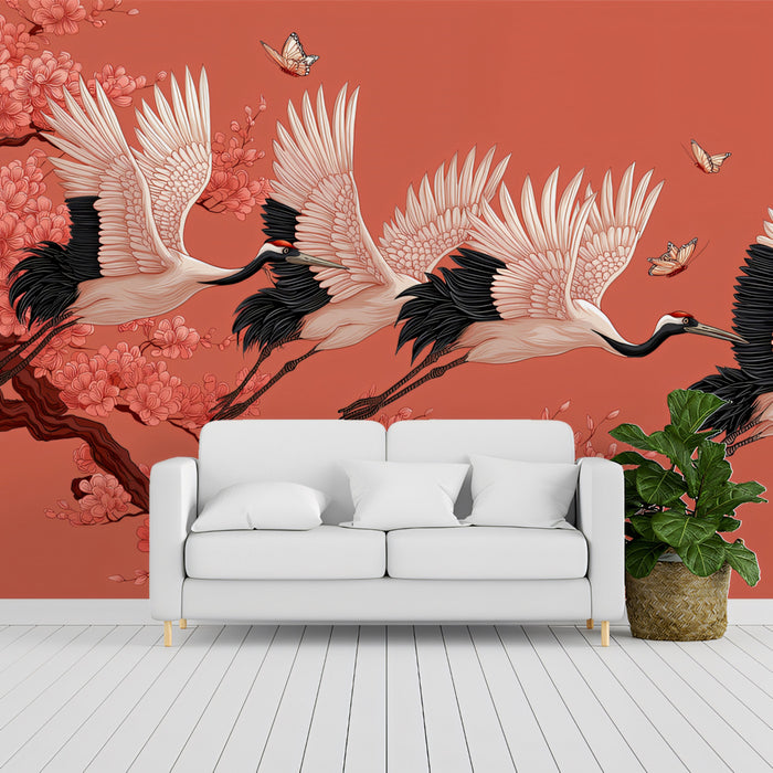 Flying Cranes and Cherry Blossoms Mural Wallpaper | Coral Red Background, High Contrast, Symbol of Fortune