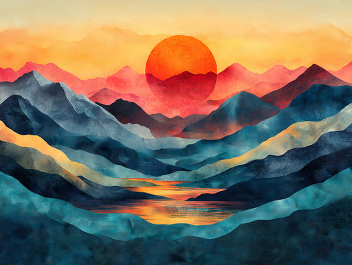 Mountain Sunset Mural Wallpaper in Bedroom | Various Colors (Orange, Red, Blue, etc.) of Sunset