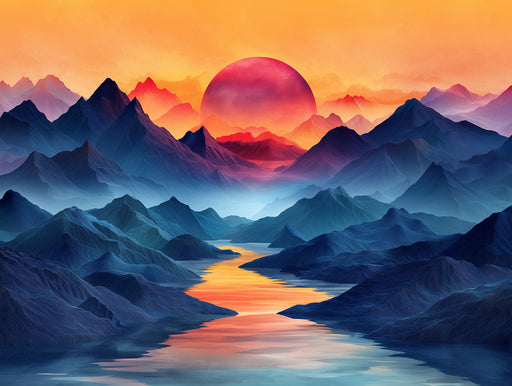 Mountain Sunset Mural Wallpaper in Bedroom | Various Colors (Orange, Red, Blue, etc.) of Sunset