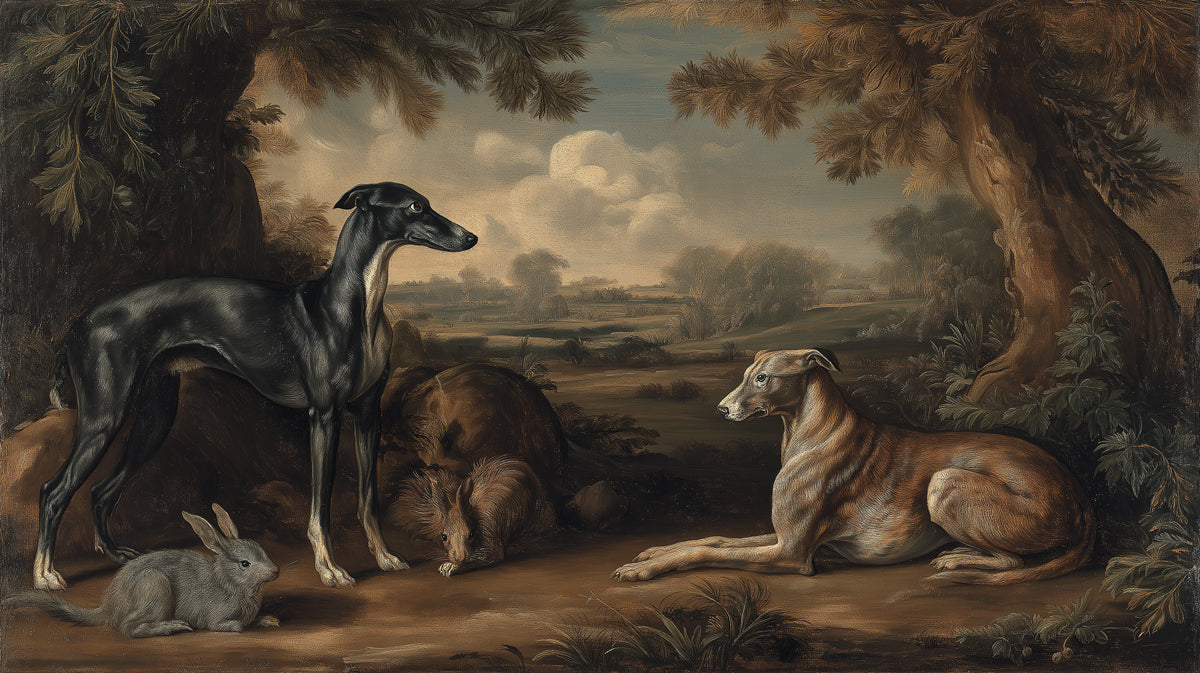 Classical Greyhound Hunting Scene Mural Wallpaper | Old Master Style Oil Painting, Vintage Farmstead, Animal Portraiture