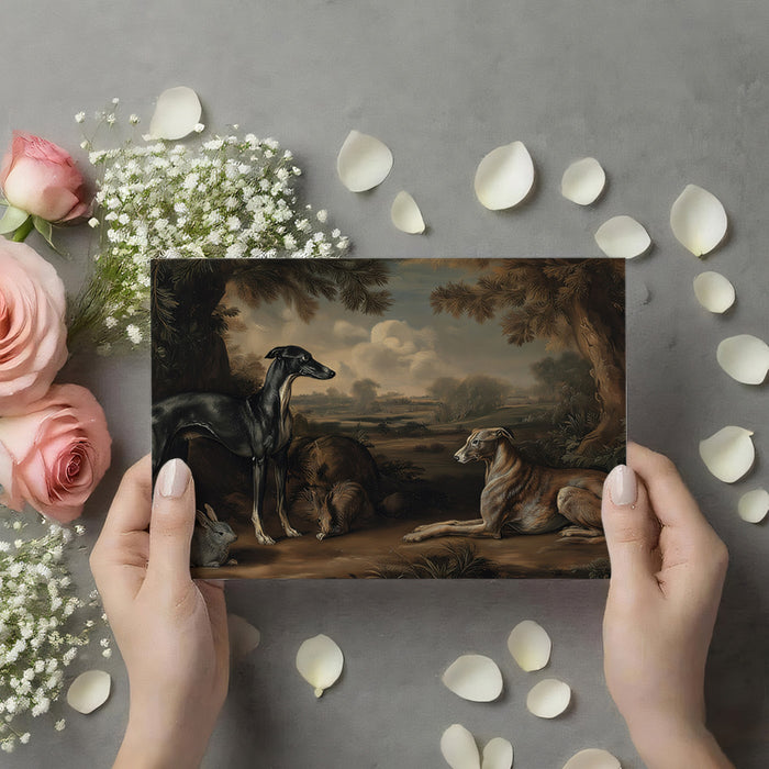 Classical Greyhound Hunting Scene Mural Wallpaper | Old Master Style Oil Painting, Vintage Farmstead, Animal Portraiture