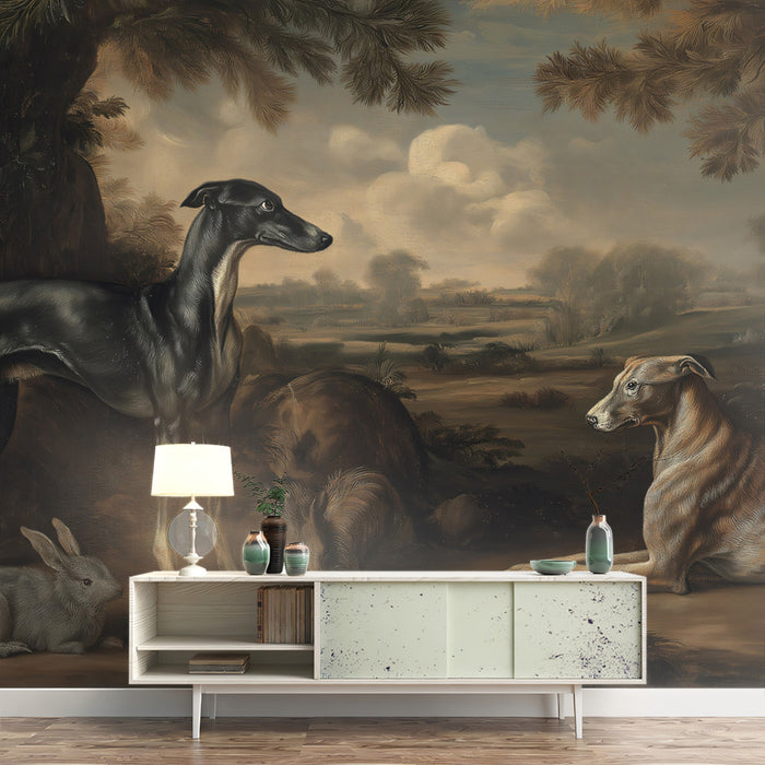 Classical Greyhound Hunting Scene Mural Wallpaper | Old Master Style Oil Painting, Vintage Farmstead, Animal Portraiture