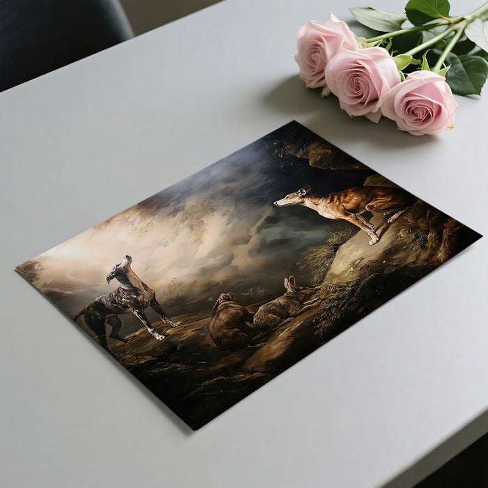 Classical Greyhound Hunting Scene Mural Wallpaper | Dark Baroque, Stormy Sky, Dramatic Oil Painting