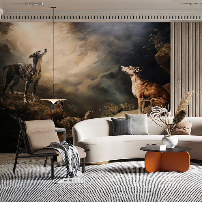 Classical Greyhound Hunting Scene Mural Wallpaper | Dark Baroque, Stormy Sky, Dramatic Oil Painting
