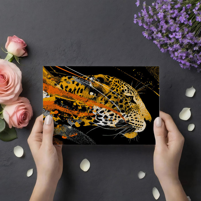 Abstract Jaguar Motion Mural Wallpaper | Black Background, Vibrant Orange Splatter, High-Contrast Expression