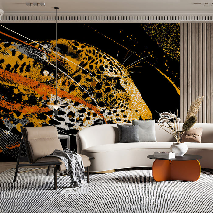 Abstract Jaguar Motion Mural Wallpaper | Black Background, Vibrant Orange Splatter, High-Contrast Expression
