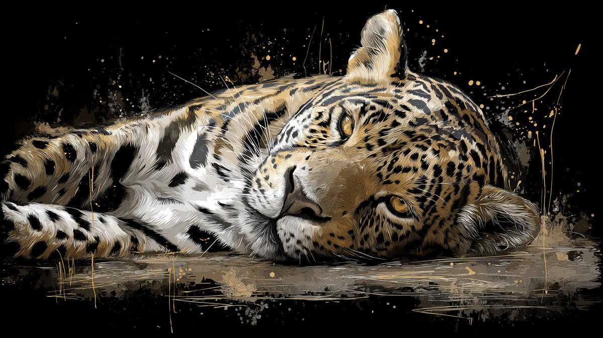 Resting Jaguar Dark Art Mural Wallpaper | Gold Splatter Accents, Intense Yellow Eyes, Luxurious Wildlife