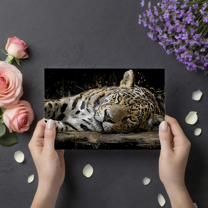 Resting Jaguar Dark Art Mural Wallpaper | Gold Splatter Accents, Intense Yellow Eyes, Luxurious Wildlife