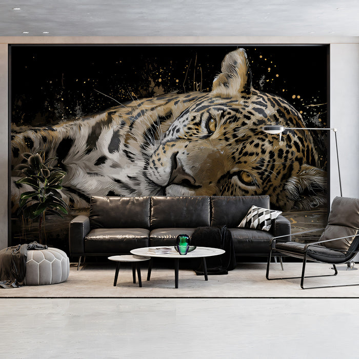 Resting Jaguar Dark Art Mural Wallpaper | Gold Splatter Accents, Intense Yellow Eyes, Luxurious Wildlife