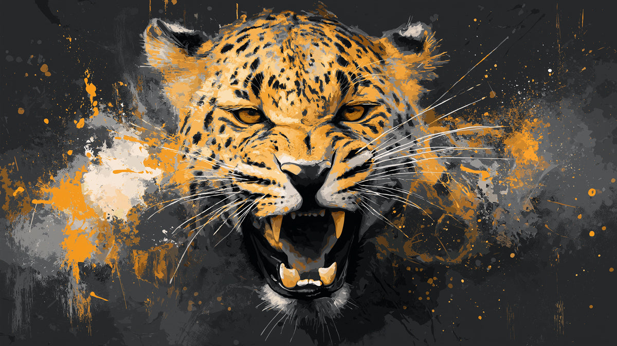 Roaring Jaguar Abstract Mural Wallpaper | Orange and Gray Grunge, Explosive Emotion, Powerful Statement