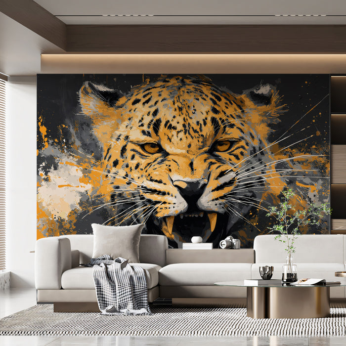 Roaring Jaguar Abstract Mural Wallpaper | Orange and Gray Grunge, Explosive Emotion, Powerful Statement