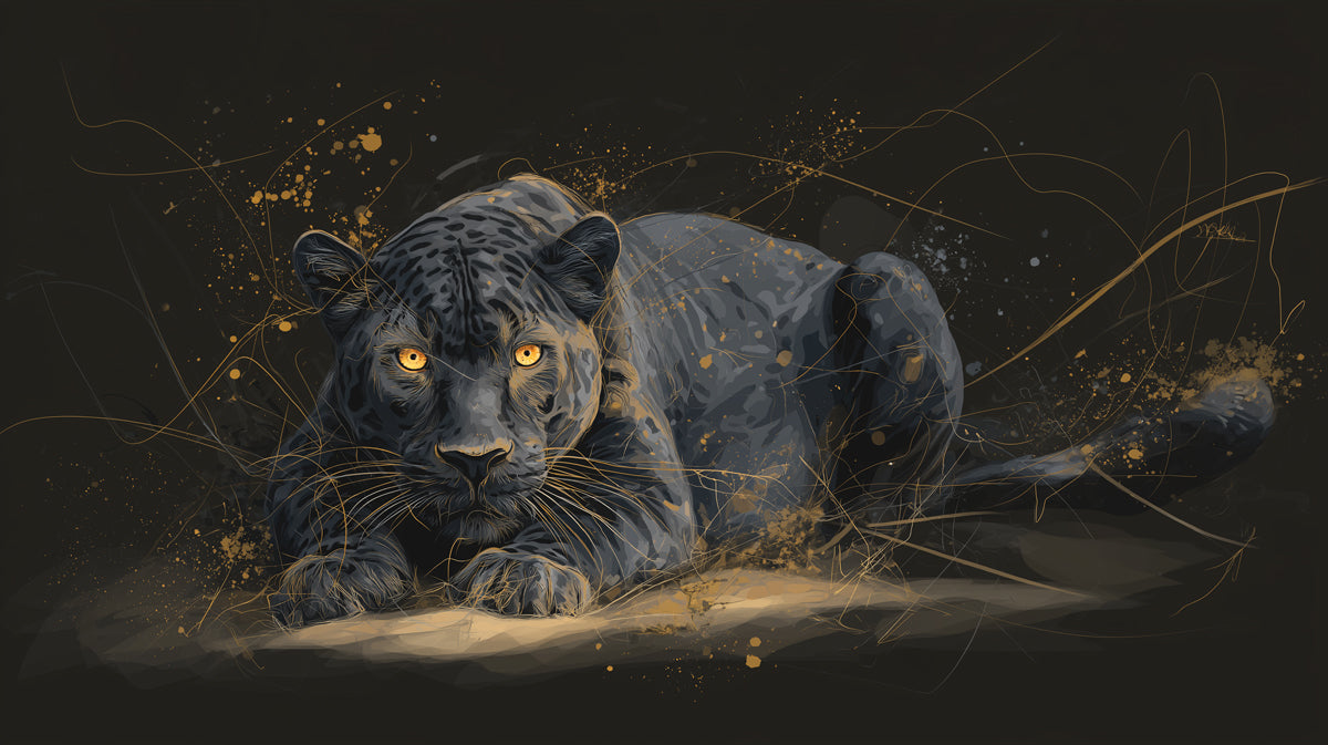 Black Panther Gold Outline Mural Wallpaper | Luminous Eyes, Dark Background, Stylized Sketch Art