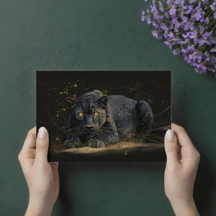 Black Panther Gold Outline Mural Wallpaper | Luminous Eyes, Dark Background, Stylized Sketch Art