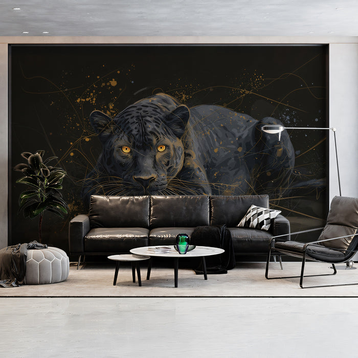 Black Panther Gold Outline Mural Wallpaper | Luminous Eyes, Dark Background, Stylized Sketch Art