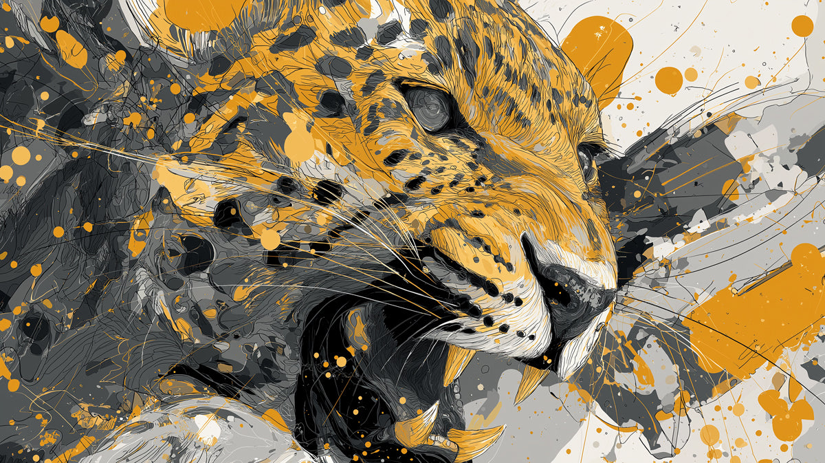 Explosive Jaguar Portrait Mural Wallpaper | Gold and Gray Splatter, Dynamic Lines, Abstract Wildlife