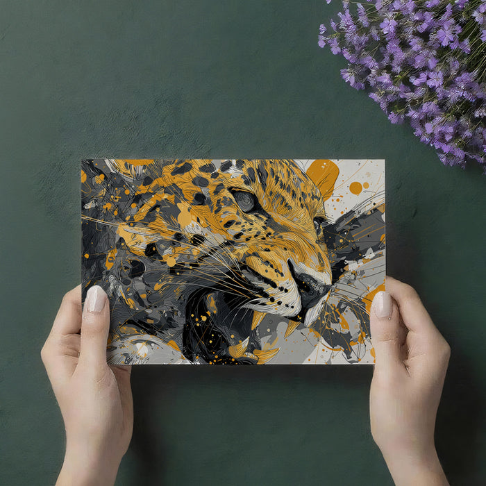 Explosive Jaguar Portrait Mural Wallpaper | Gold and Gray Splatter, Dynamic Lines, Abstract Wildlife