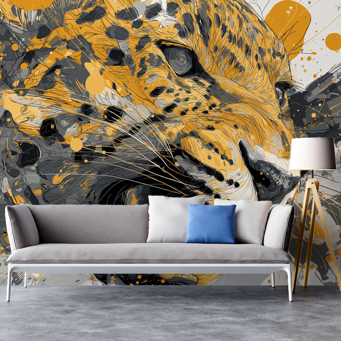 Explosive Jaguar Portrait Mural Wallpaper | Gold and Gray Splatter, Dynamic Lines, Abstract Wildlife