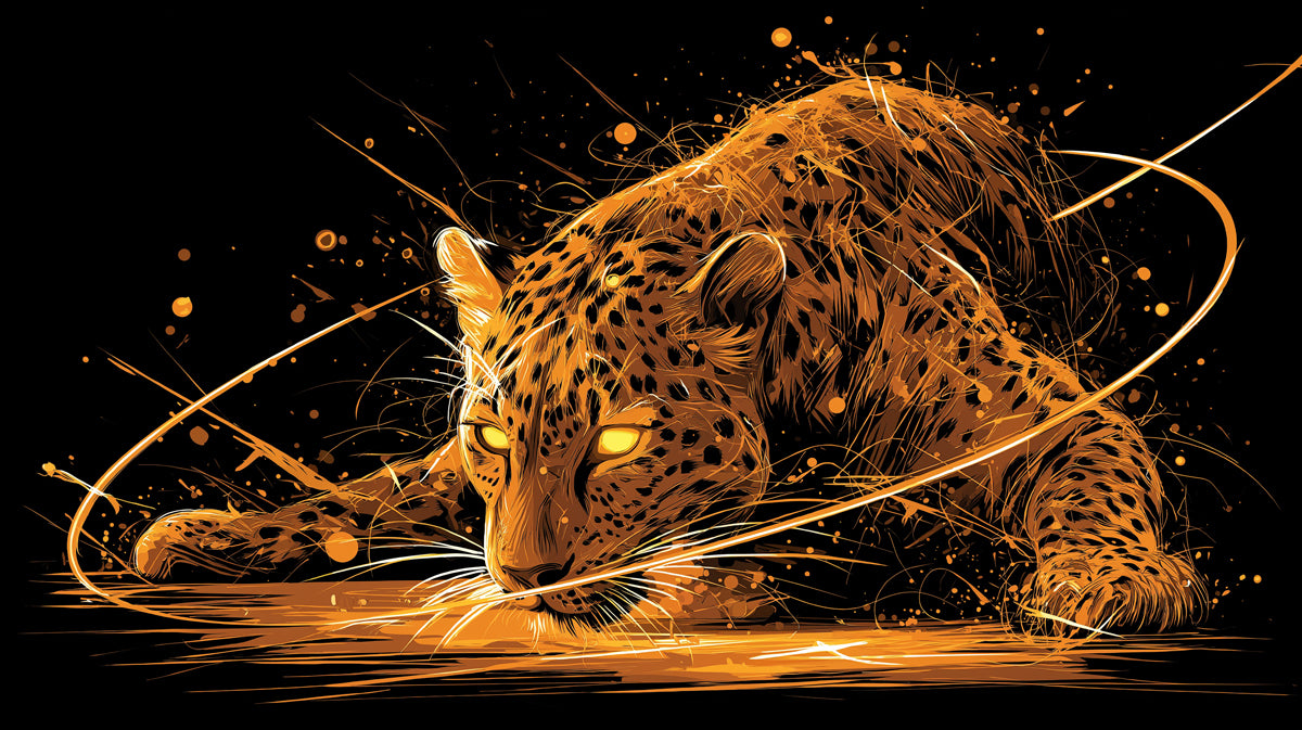 Hunter Jaguar Neon Glow Mural Wallpaper | Stalking Predator, Electric Orange, Cyberpunk Energy