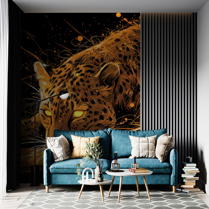 Hunter Jaguar Neon Glow Mural Wallpaper | Stalking Predator, Electric Orange, Cyberpunk Energy