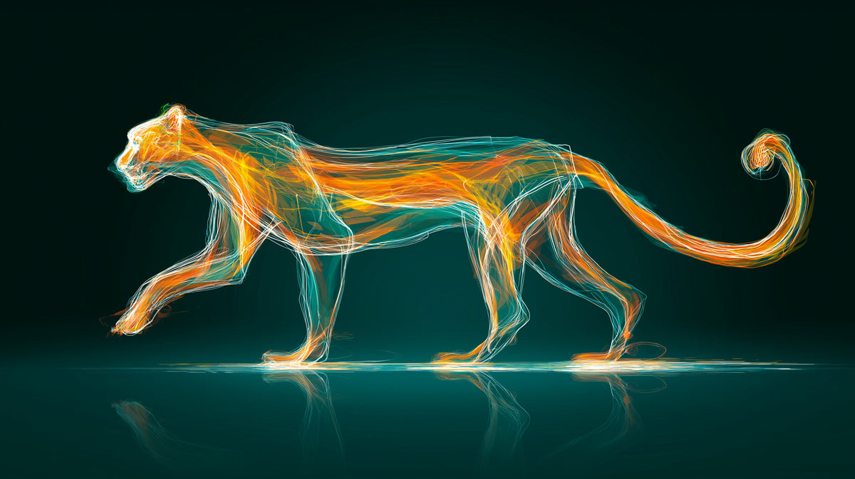 Abstract Fire Cat Spirit Mural Wallpaper | Luminous Line Art, Teal and Orange Energy, Digital Aura