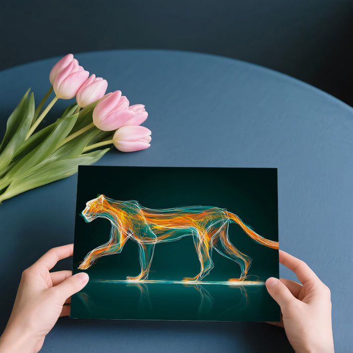 Abstract Fire Cat Spirit Mural Wallpaper | Luminous Line Art, Teal and Orange Energy, Digital Aura
