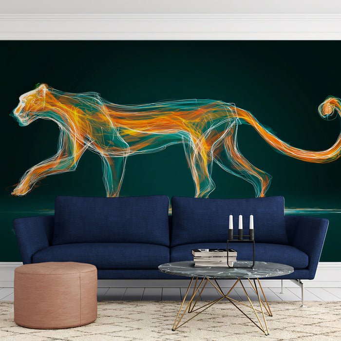 Abstract Fire Cat Spirit Mural Wallpaper | Luminous Line Art, Teal and Orange Energy, Digital Aura