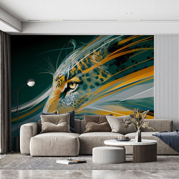Speed Jaguar Head Profile Mural Wallpaper | Graphic Motion Blurs, Deep Teal Palette, Futuristic Vector
