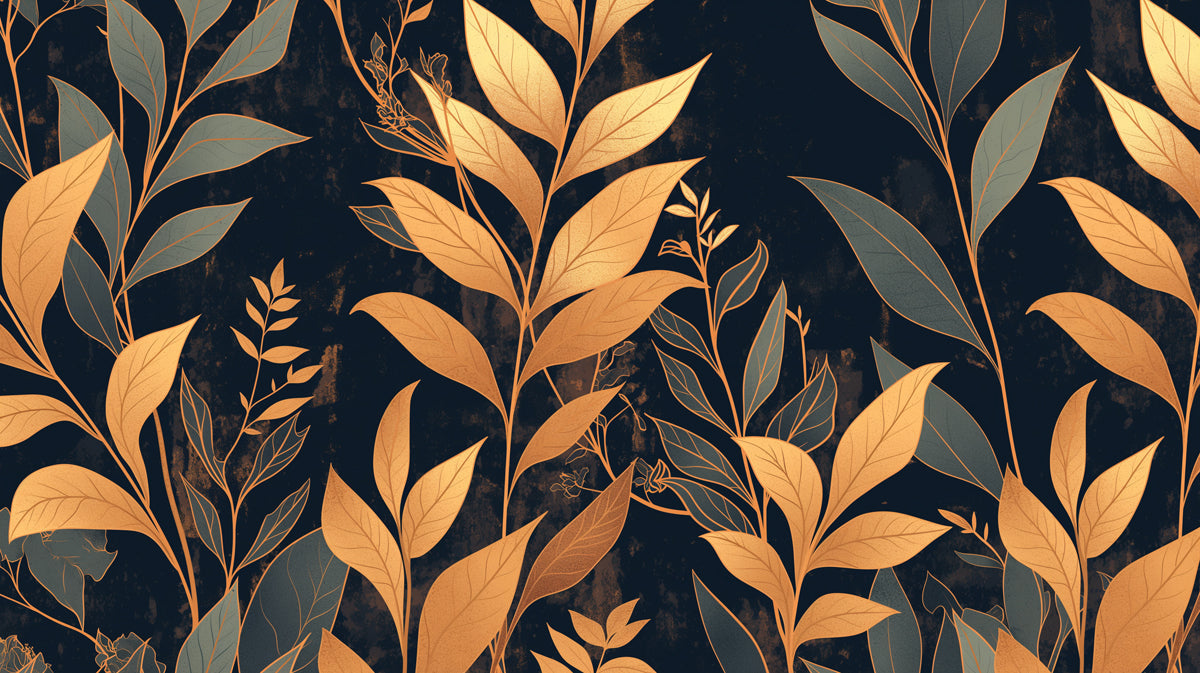 Dark Leafy Wallpaper in Living Room | Various Colors (Gold, Green, Black, etc) of Leaves