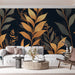 Dark Leafy Wallpaper in Living Room | Various Colors (Gold, Green, Black, etc) of Leaves