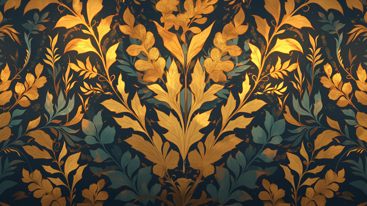 Dark Leafy Wallpaper in Living Room | Various Colors (Gold, Green, Black, etc) of Leaves