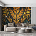 Dark Leafy Wallpaper in Living Room | Various Colors (Gold, Green, Black, etc) of Leaves