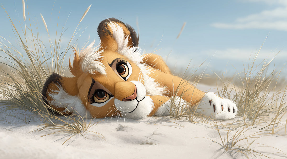 Adorable Lion Cub Beach Mural Wallpaper | Realistic Fur, Soft Focus, Cozy Sand Dune Scene