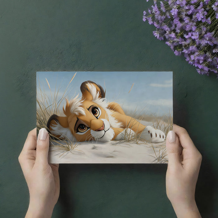 Adorable Lion Cub Beach Mural Wallpaper | Realistic Fur, Soft Focus, Cozy Sand Dune Scene